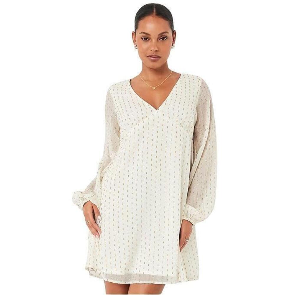 NWT Old Navy Mini Dress L Petite Ivory Metallic Gold Swiss Tie Back Long Sleeve
